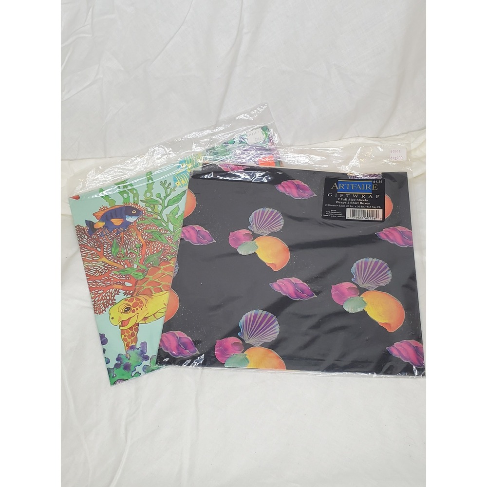 Vintage Artfaire Gift Wrap 4 Sheets Sea Turtle Coral Reef Shells Ocean 20x30